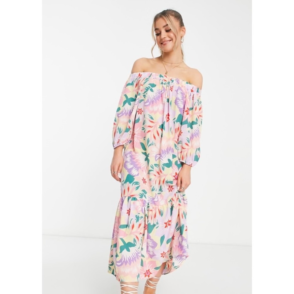 ASOS DESIGN Trapeze Floral Maxi Dress Off The Shoulder Long Sleeve Tiered US 10